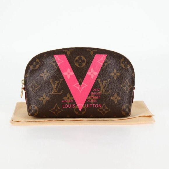 LOUIS VUITTON Monogram V Line Pochette Cosmetic PM Pouch Pink LV Auth 120232AM - Picture 1 of 14